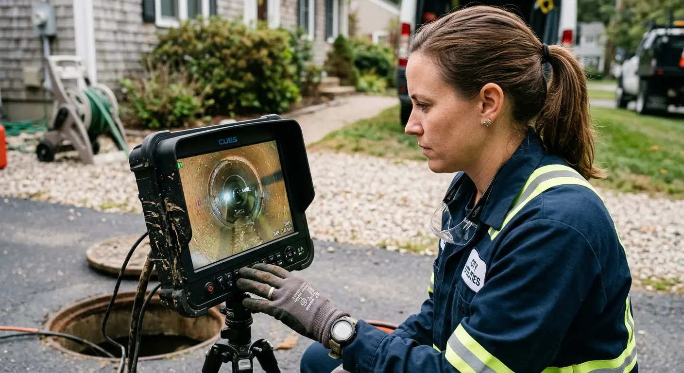 Technician reviewing sewer camera inspection footage in Milwaukee