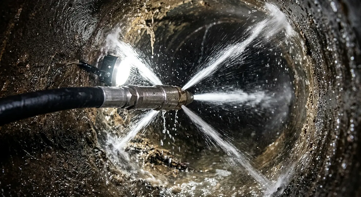 High-pressure hydro jetting nozzle cleaning sewer pipe for Sewer Cleanout in Milwaukee