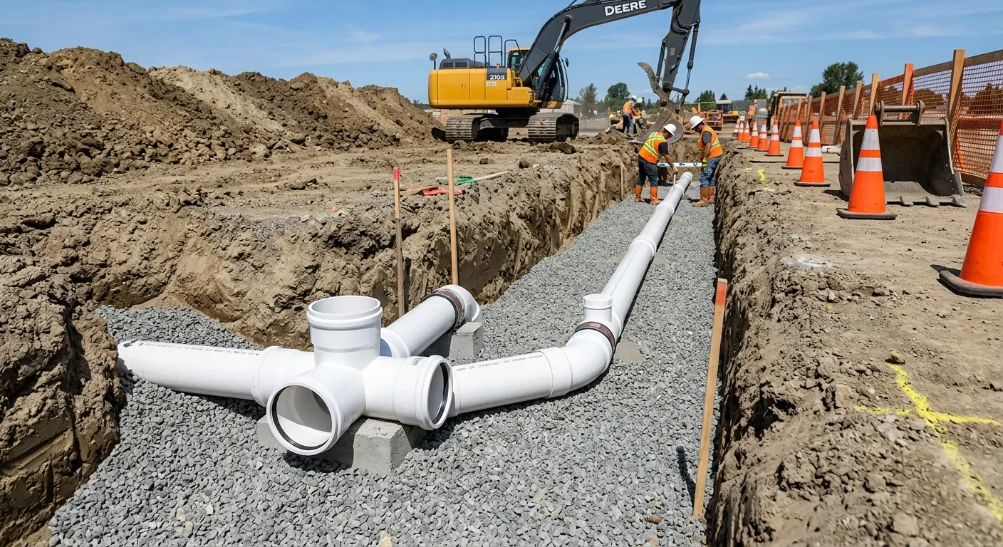 New PVC sewer pipe installation in open trench for Sewer Camera Inspection in Milwaukee