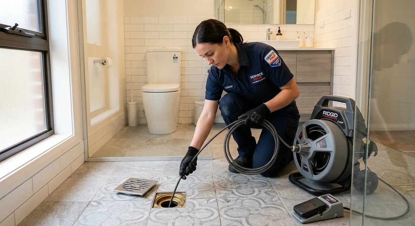 Technician clearing a bathroom floor drain for Hydro Jetting in Milwaukee